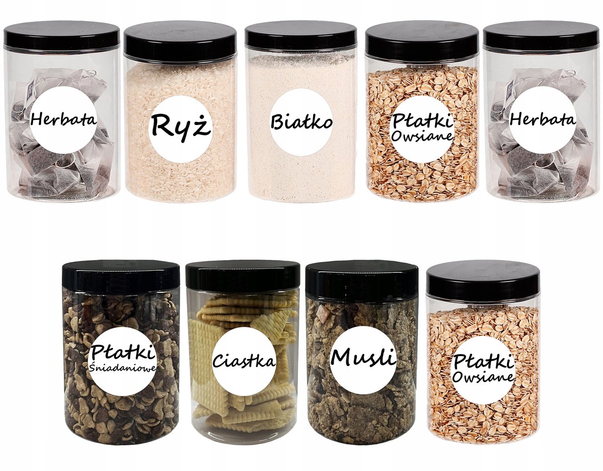 POJEMNIK PLASTIKOWY SŁOIK NA ŻYWNOŚĆ 750ML 9 SZT + ETYKIETY