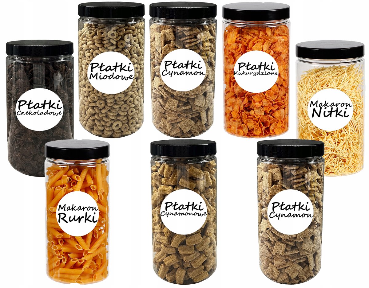 POJEMNIK PLASTIKOWY SŁOIK NA ŻYWNOŚĆ 1,25L 8 SZTUK +ETYKIETY