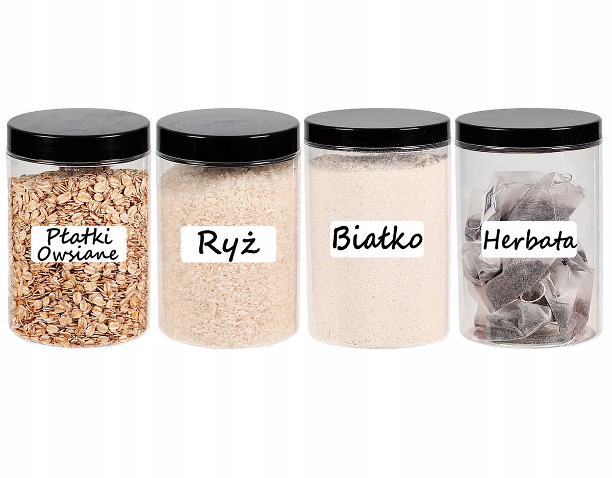 POJEMNIK PLASTIKOWY SŁOIK NA ŻYWNOŚĆ 1L 4 SZT + ETYKIETY