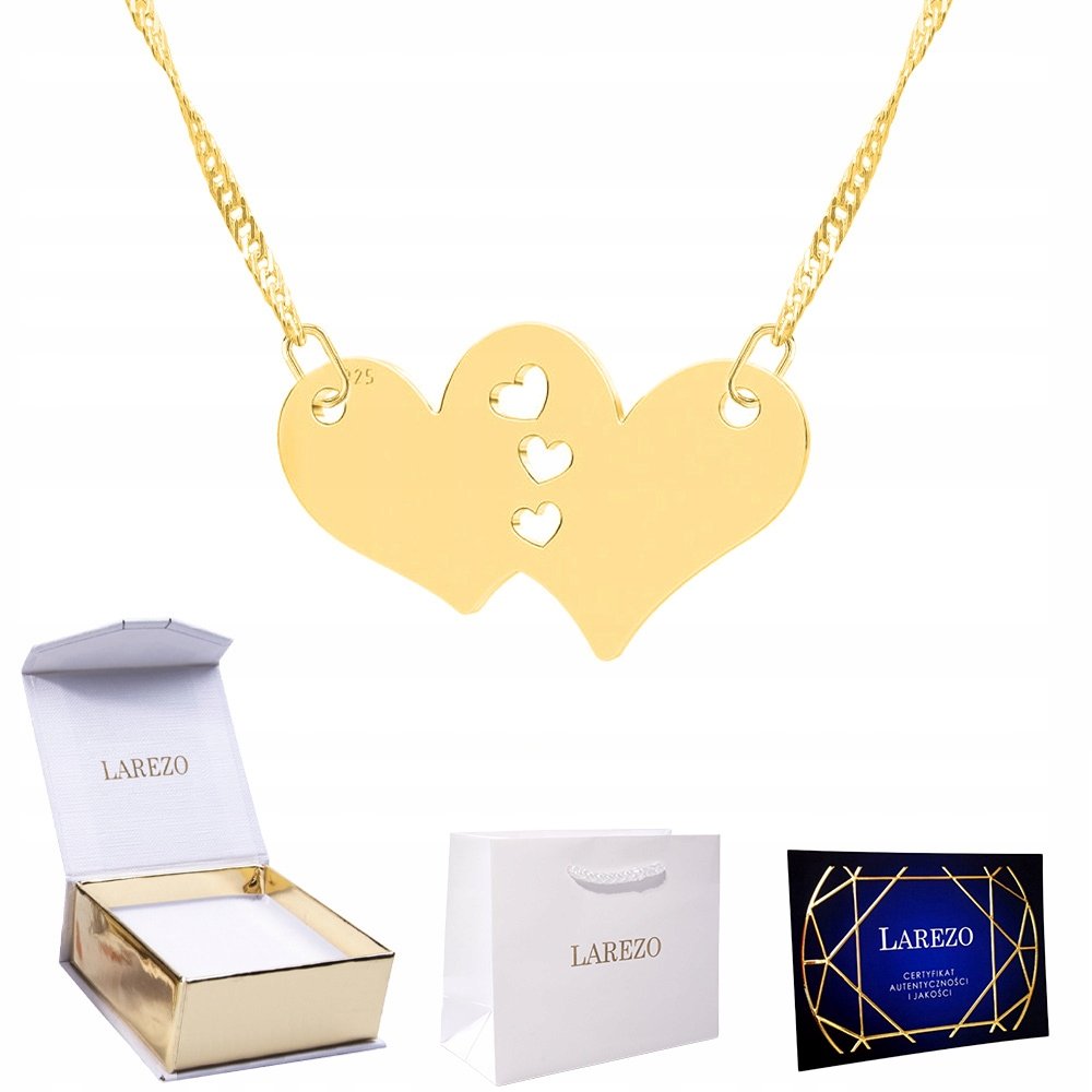 Złoty Naszyjnik 925 Pozłacany Podwójne Serce Dwa Serca Hearts Serduszka 24K