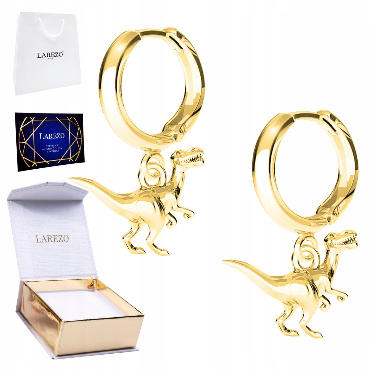 Złote Kolczyki 925 Pozłacane z Dinozaurem Dinozaurami Dinozaury Dinozaur