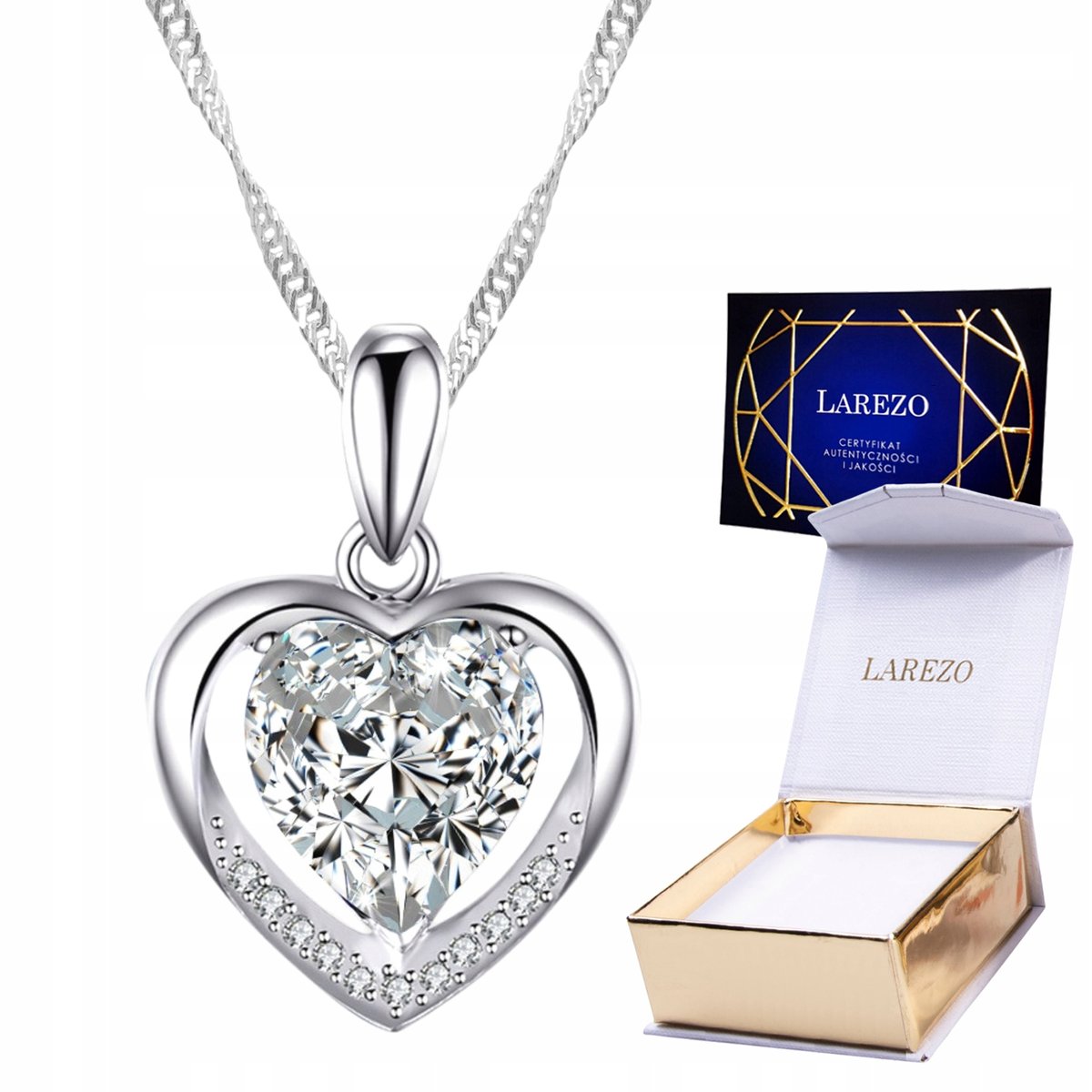 Naszyjnik Srebrny 925 Kryształowe Serce z Cyrkoniami Serduszko Love Miłość