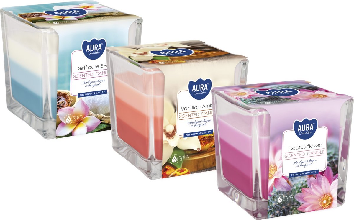 ZESTAW Świeca zapachowa w szkle trójkolorowa BISPOL Aura 32H MIX 