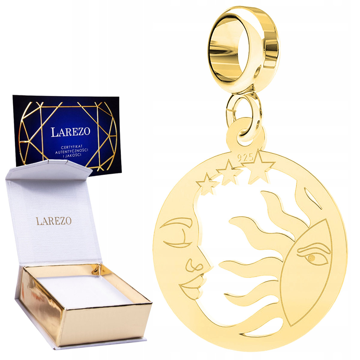 CHARMS ZŁOTY Wiszący Ażurowe Słońce Księżyc Noc Moon Sun Star SREBRO 925