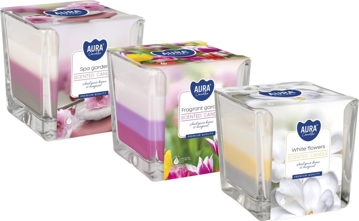 ZESTAW Świeca zapachowa w szkle trójkolorowa BISPOL Aura 32H MIX 