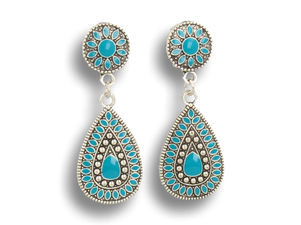 Klipsy do uszu srebrne z turkusowymi kryształkami, styl vintage