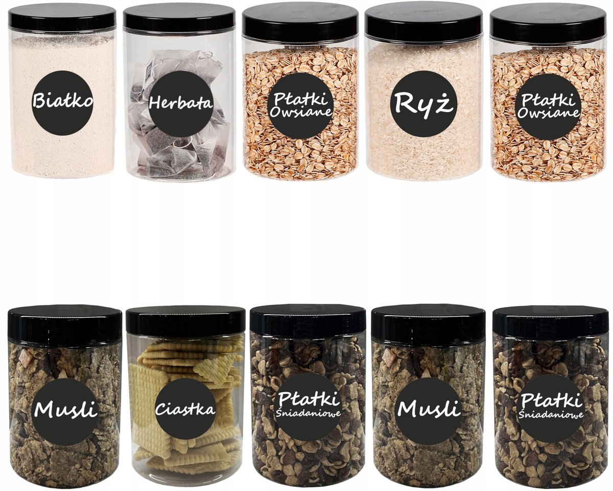 Pojemniki na żywność słoik kuchenny na makaron 1L 10sztuk + etykiety