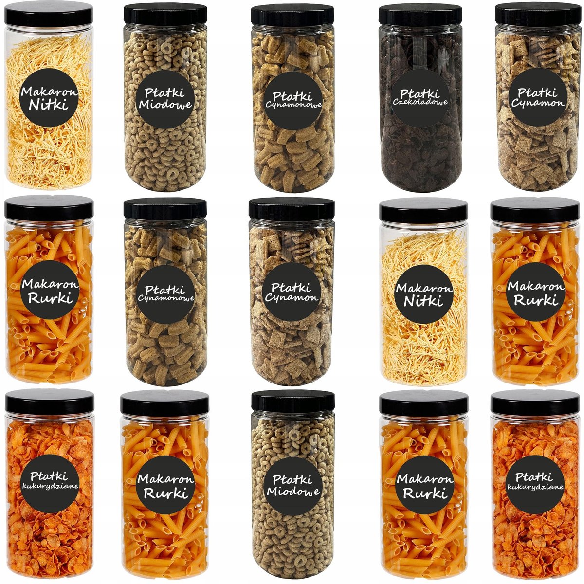 Pojemniki na żywność słoik kuchenny na makaron 1250ml 15 sztuk + etykiety