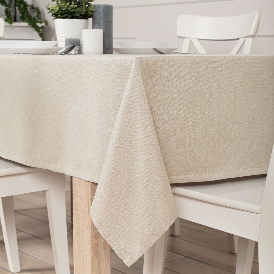 Gotowy obrus z tkaniny wodoodpornej o fakturze płótna, wykończony listwą, kolor beżowy, Aruba, rozmiar: 140x220 cm