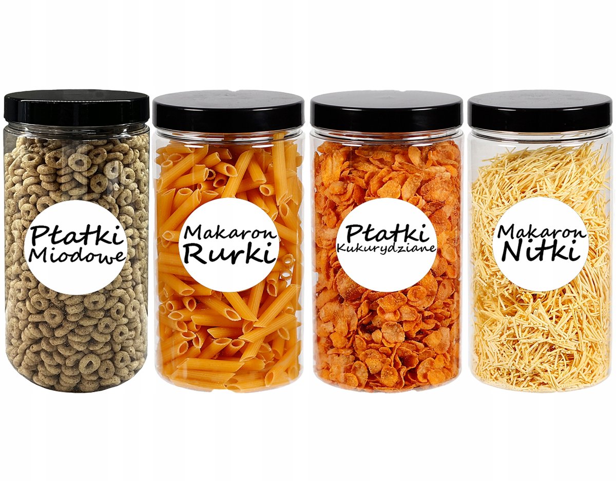 POJEMNIK PLASTIKOWY SŁOIK NA ŻYWNOŚĆ 1,25L 4 SZTUKI +ETYKIETY