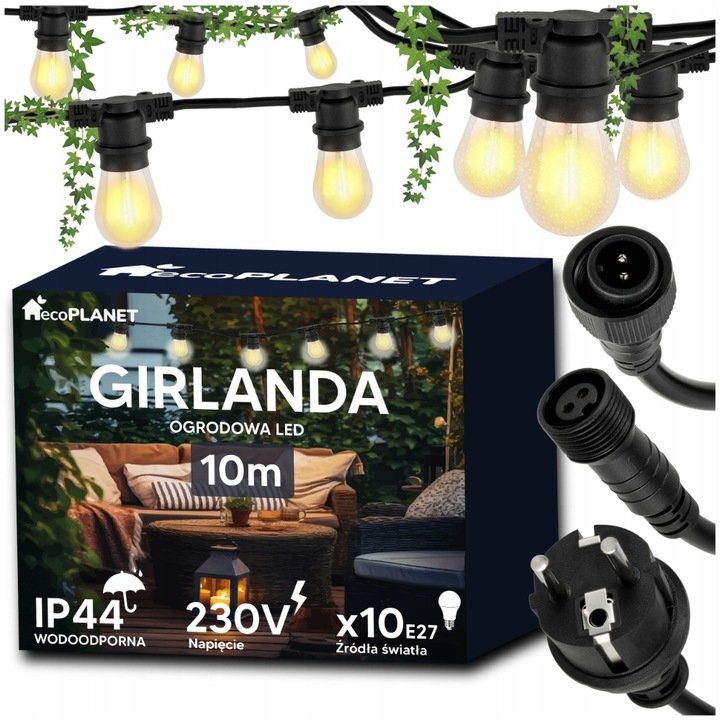 GIRLANDA ogrodowa łańcuch 10m E27 + ŻARÓWKI LED