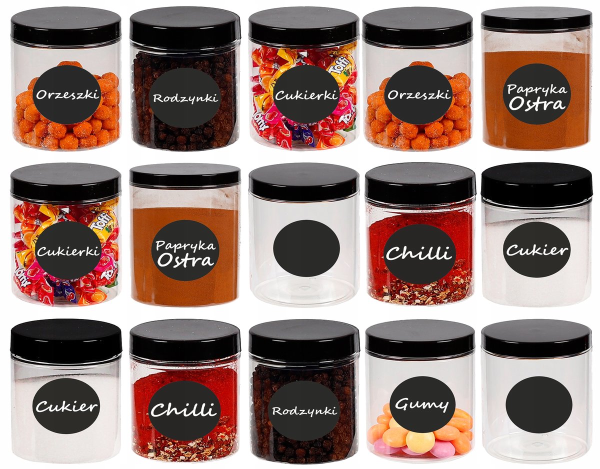 Pojemniki na żywność słoik kuchenny na przyprawy 300ml 15 sztuk + etykiety