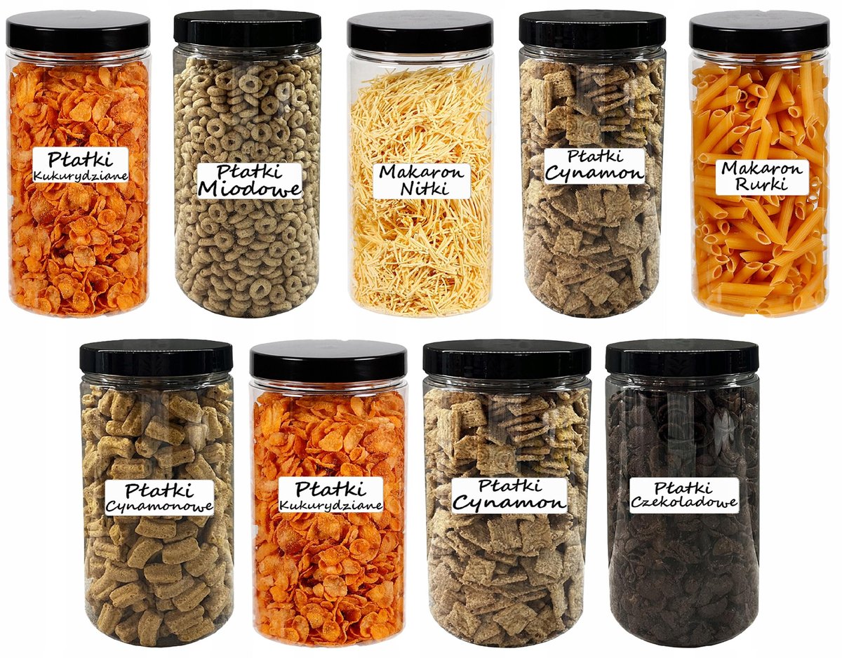 POJEMNIK PLASTIKOWY SŁOIK MAKARON 1,25L 9 SZTUK +ETYKIETY