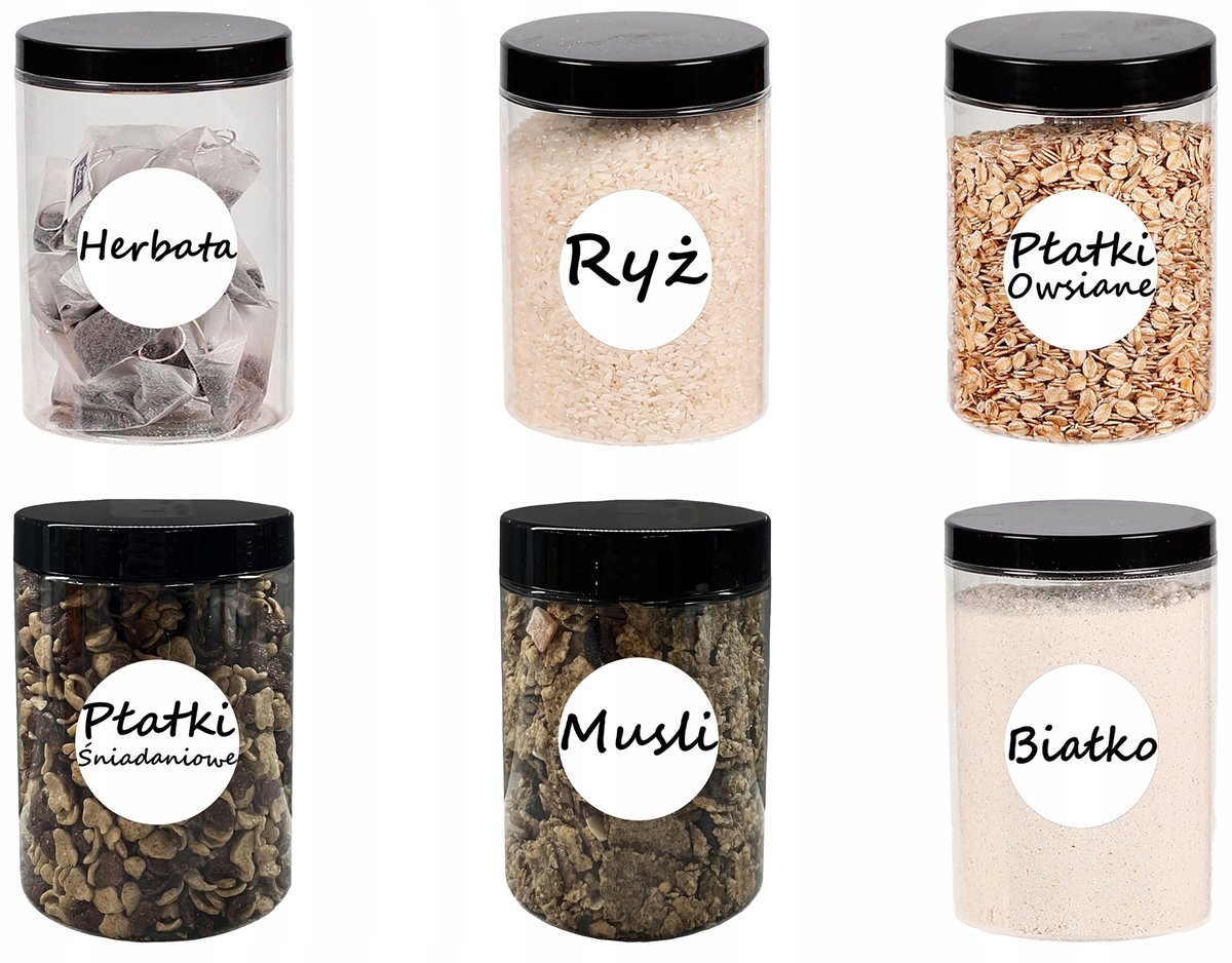 POJEMNIK PLASTIKOWY SŁOIK NA ŻYWNOŚĆ 750ML 6 SZT + ETYKIETY