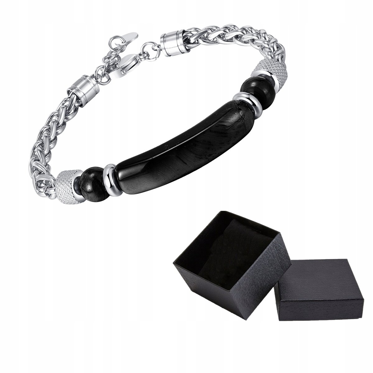 Bransoletka Srebrna Łańcuszek Stal Chirurgiczna Czarne Tygrysie Oko Pudełko