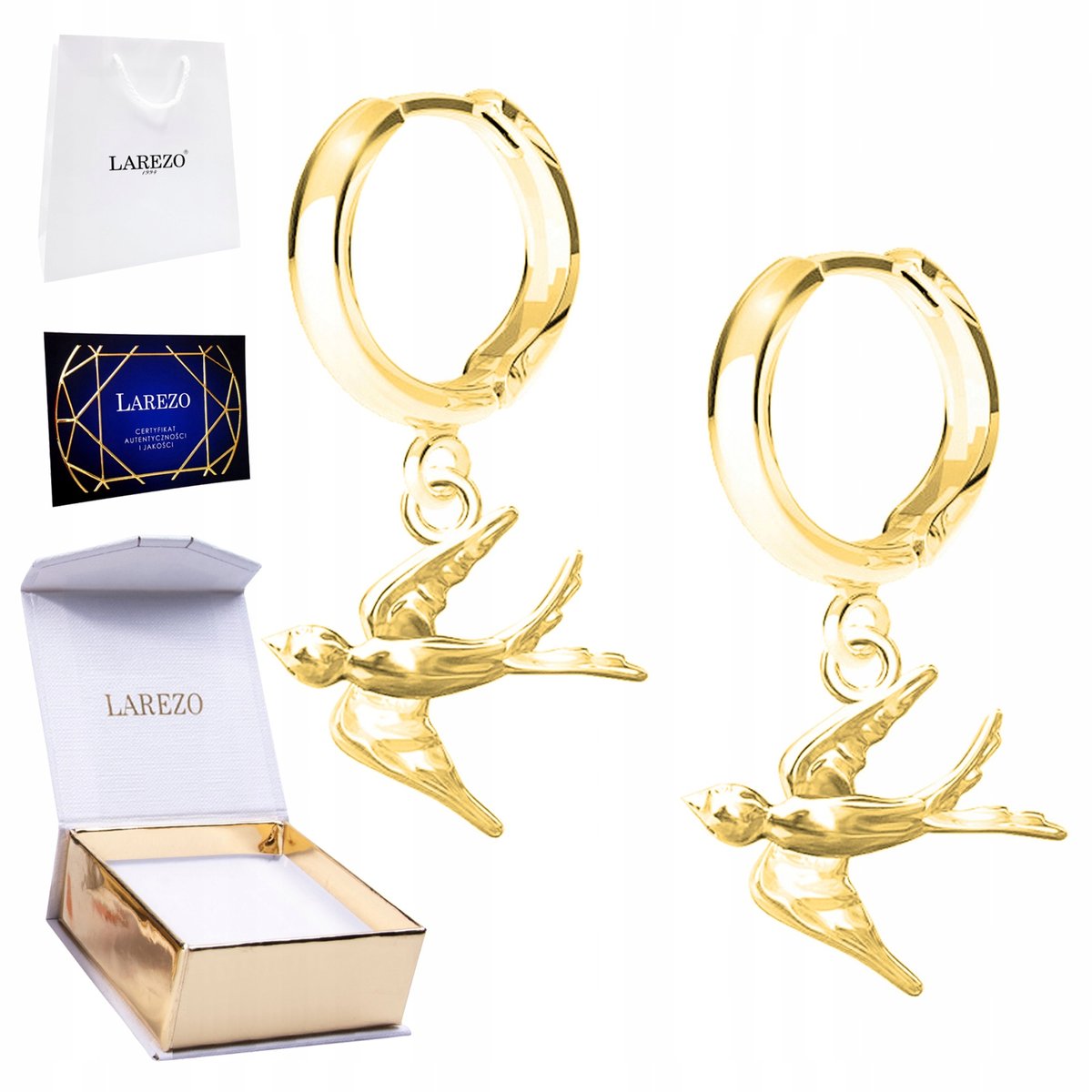 Piękne Złote Kolczyki 925 Jaskółki z Ptakami Jaskółka Ptaki Pozłacane 24K