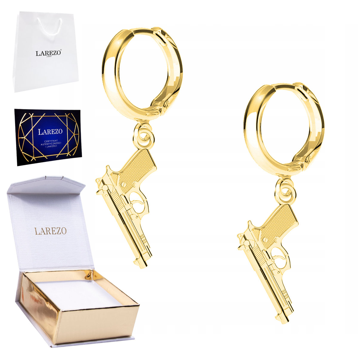Złote Kolczyki 925 Pozłacane z Pistoletami Pistolety Pistolet Pistolecik