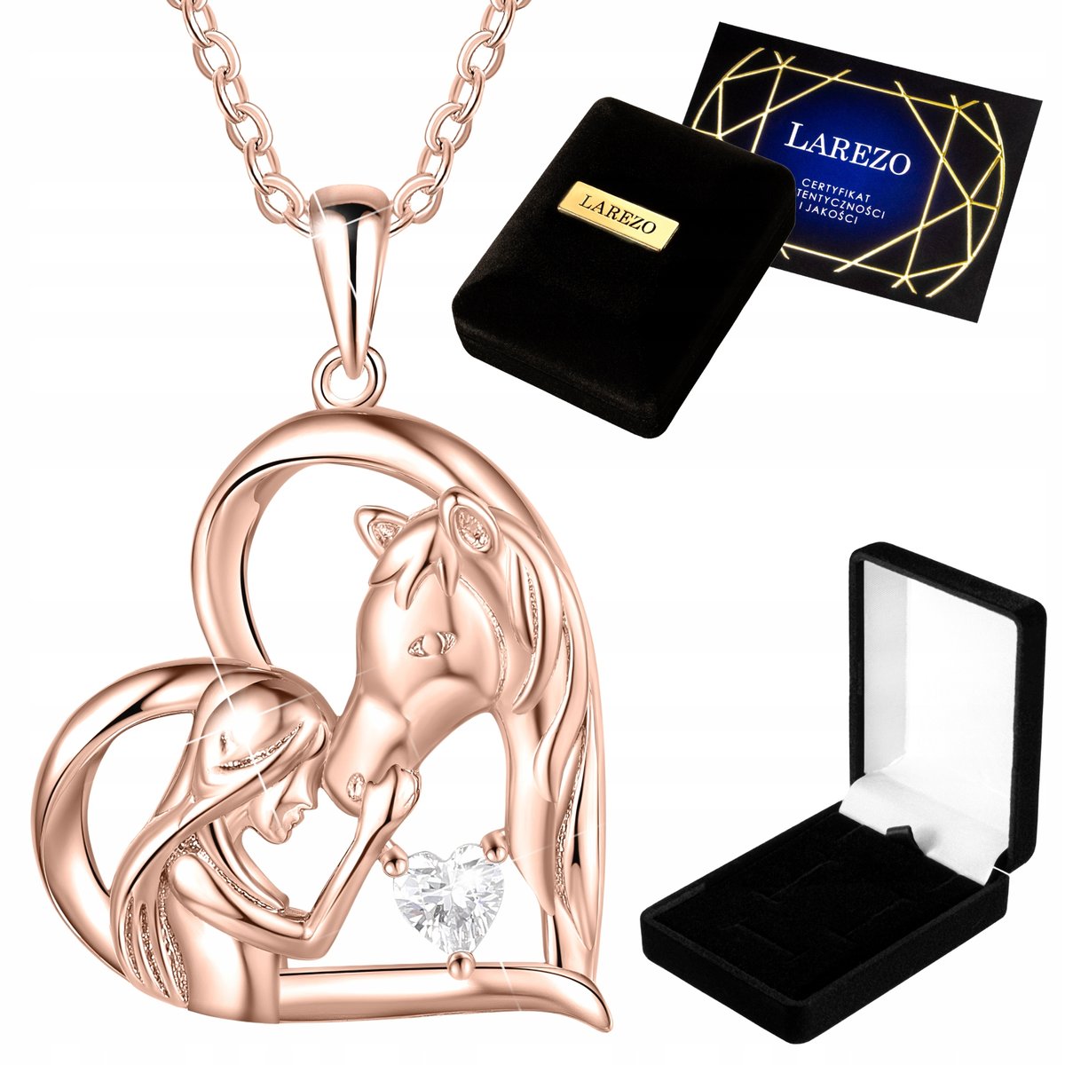 Naszyjnik Różowy 925 Kobieta z Koniem Dziewczynka Serce Kryształ Koń Konik