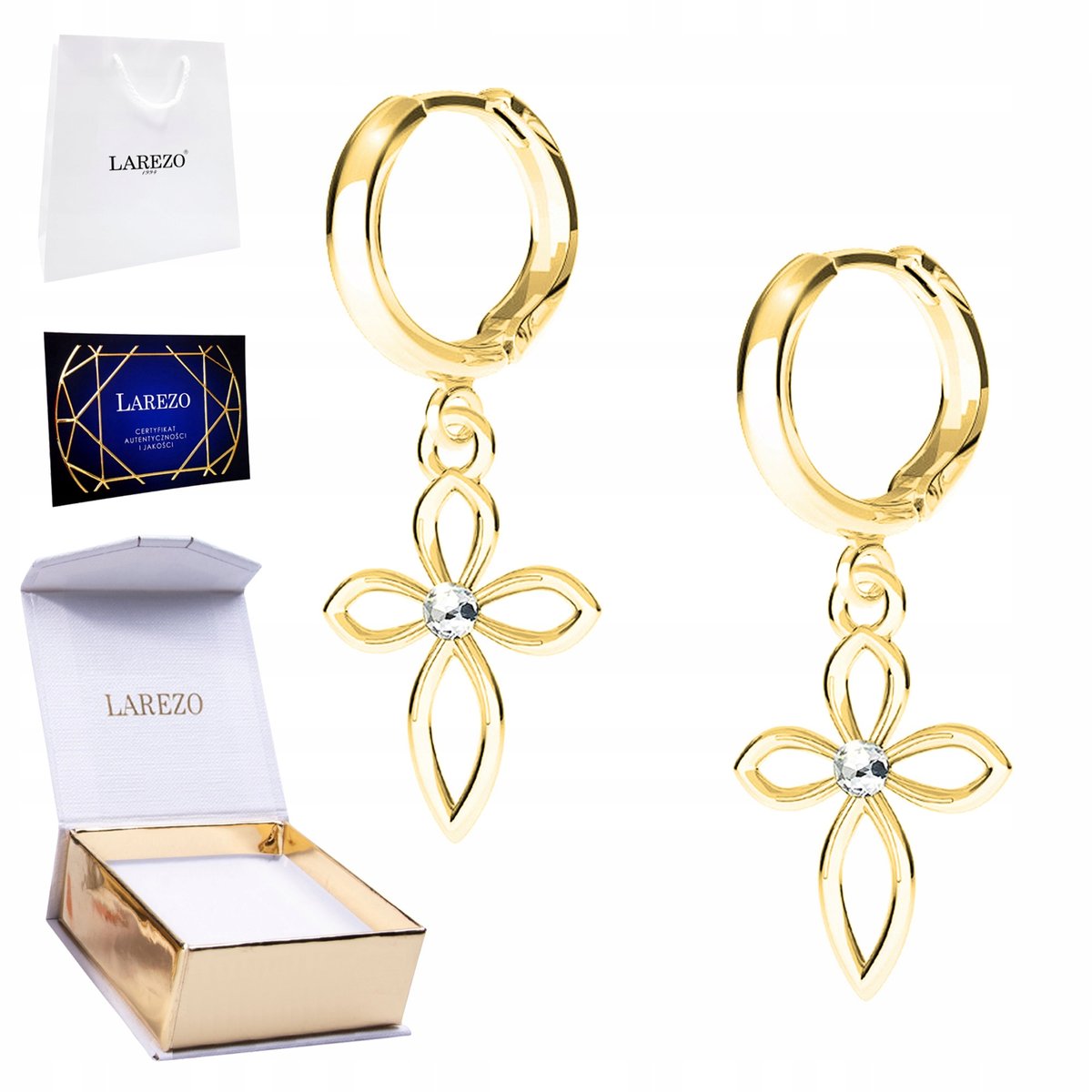 Złote Kolczyki 925 z Krzyżykami Kryształami Religijne Krzyże Pozłacane 24K