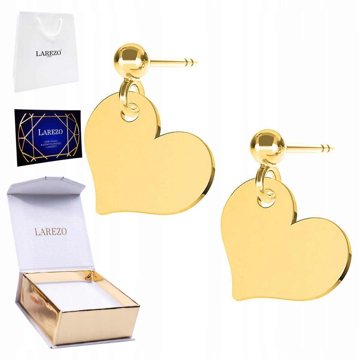 Złote Kolczyki Serca 925 Blaszki z Sercami Serduszko Heart Miłość Love 24K