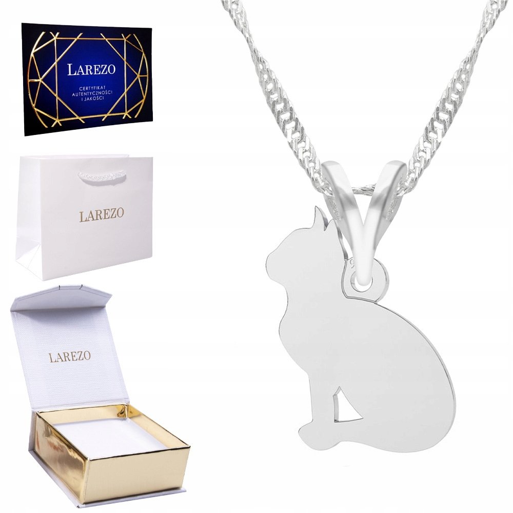 Naszyjnik Srebrny Łańcuszek 925 Siedzący Blaszka Kot Kotek z Kotem Kotkiem