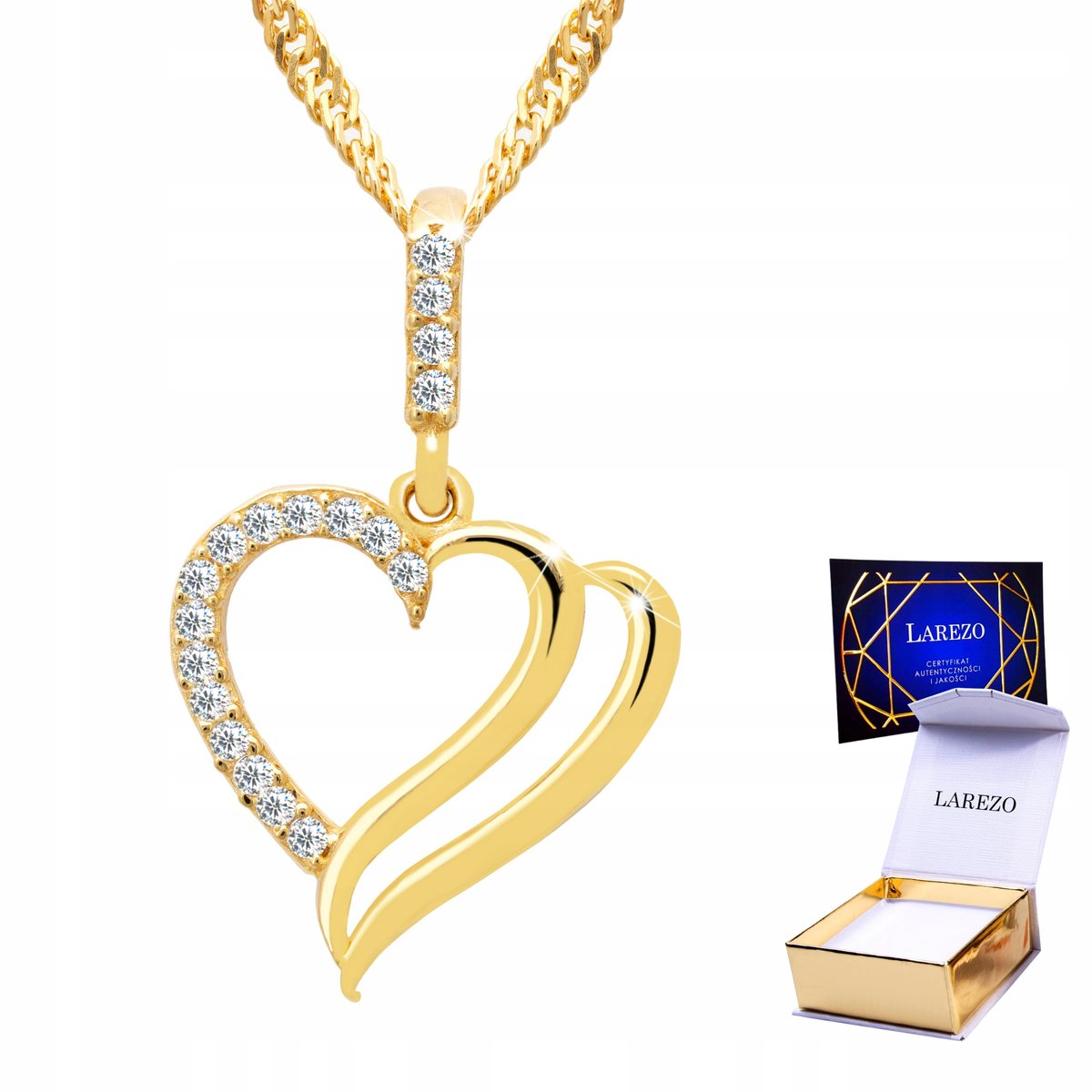 Złoty Naszyjnik 925 z Sercem Miłość Love Serce z Cyrkoniami Serduszko