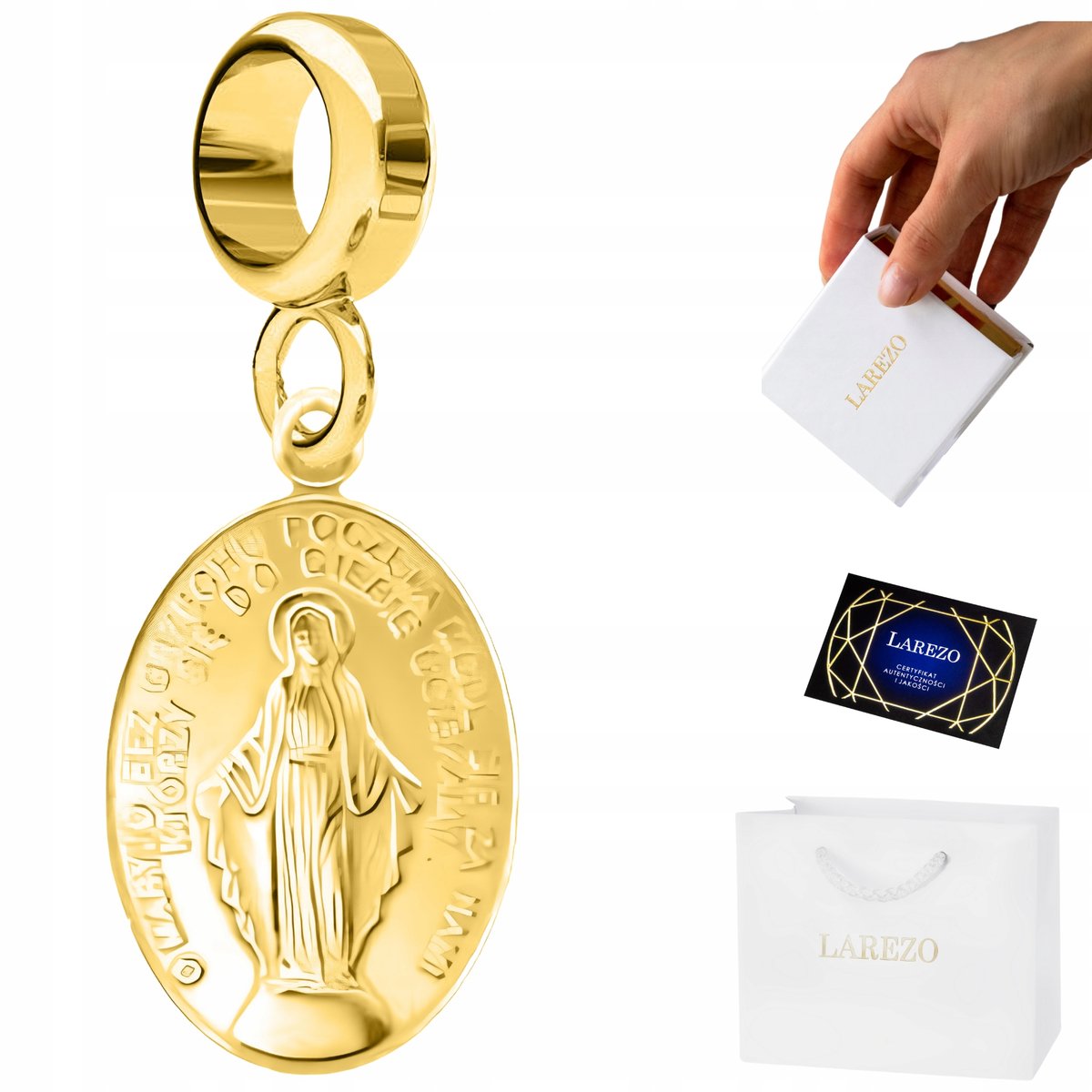 ZAWIESZKA CHARMS ZŁOTY 925 Wisząca z Matką Boską Cudowny Medalik Maryja