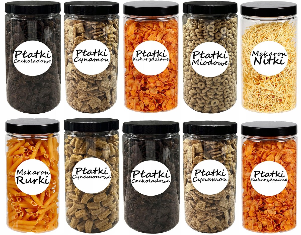 POJEMNIK PLASTIKOWY SŁOIK NA ŻYWNOŚĆ 1,25L 10 SZTUK +ETYKIETY