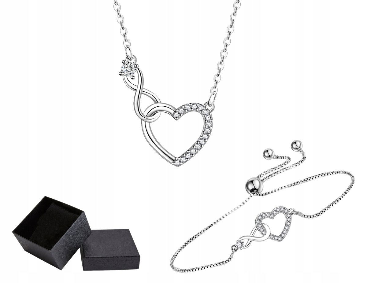 Komplet Biżuterii Srebrny Łańcuszki Zawieszka Serce Znak Nieskończoność