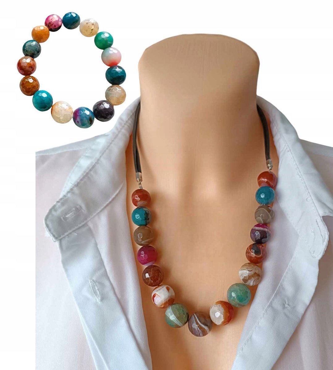 Komplet wielokolorowy AGAT szlifowany naszyjnik bransoletka 45cm PREZENT