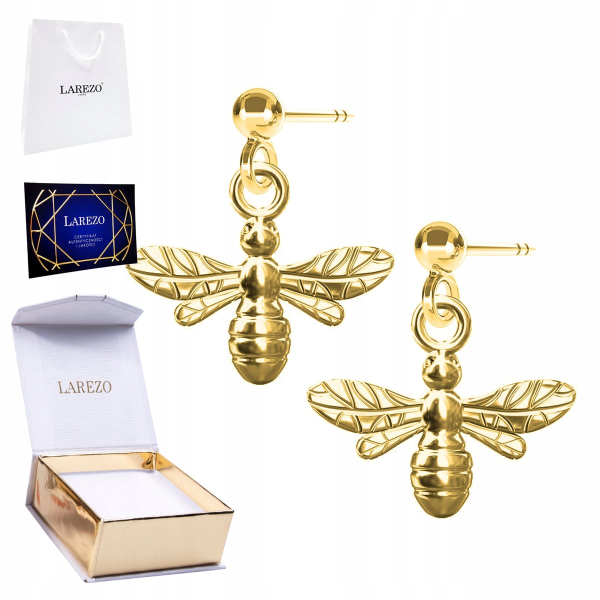 Piękne Złote Kolczyki 925 Pozłacane z Pszczołami Owady Pszczoły Pszczoła