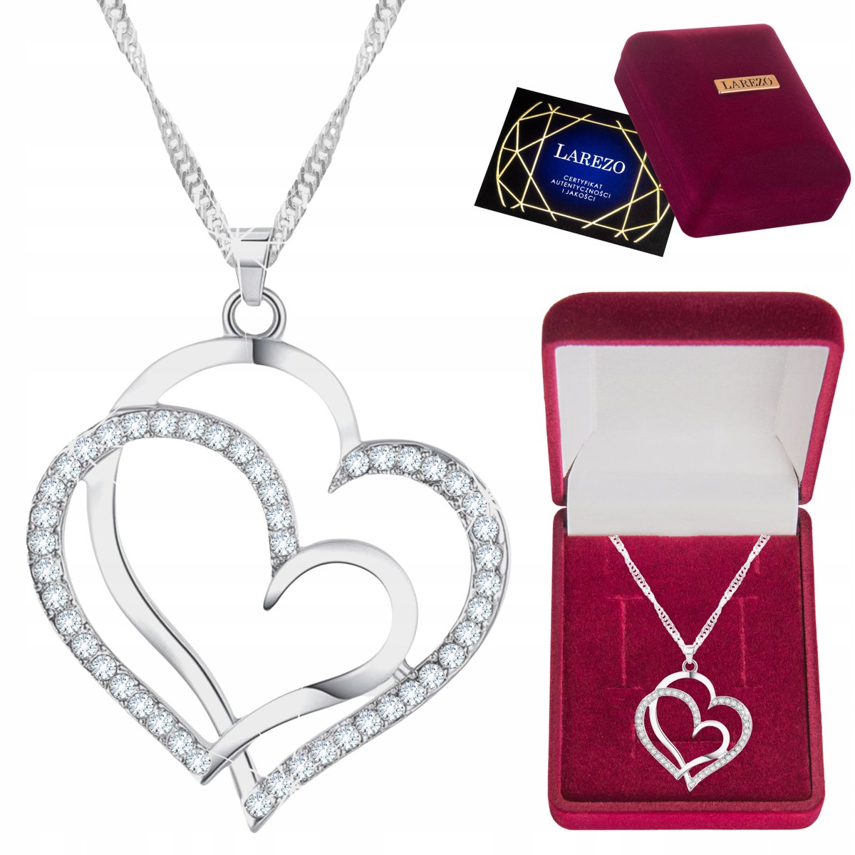 Naszyjnik srebrny 925 Serce serca cyrkonie