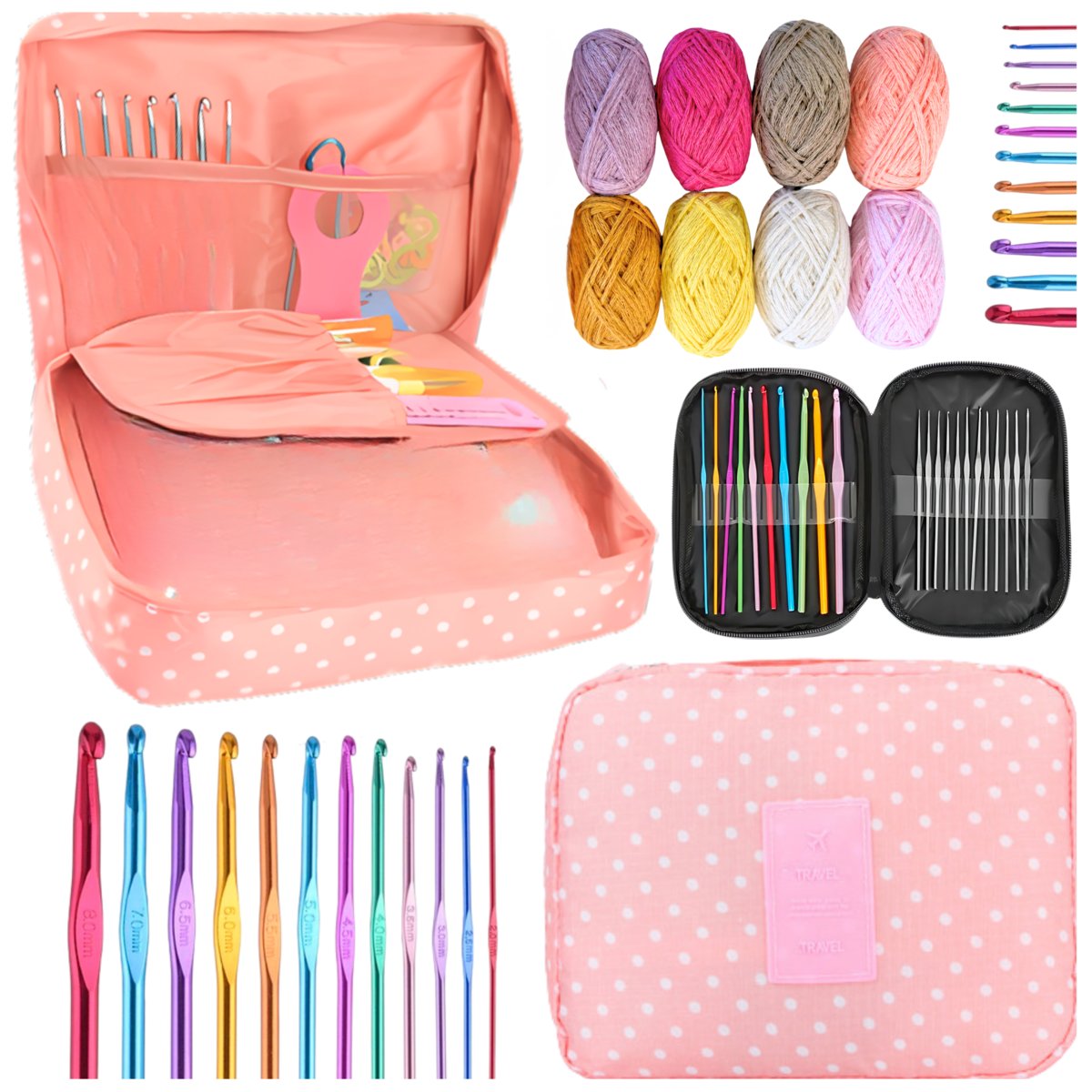 Zestaw do Szydełkowania w Etui Szydełka 100 el + 10 Włóczek Bawełnianych