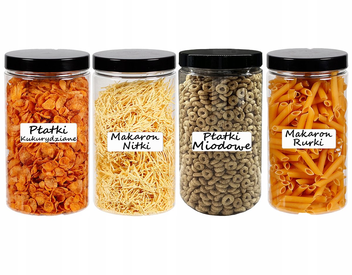 POJEMNIK PLASTIKOWY SŁOIK MAKARON 1,25L 4 SZTUKI +ETYKIETY