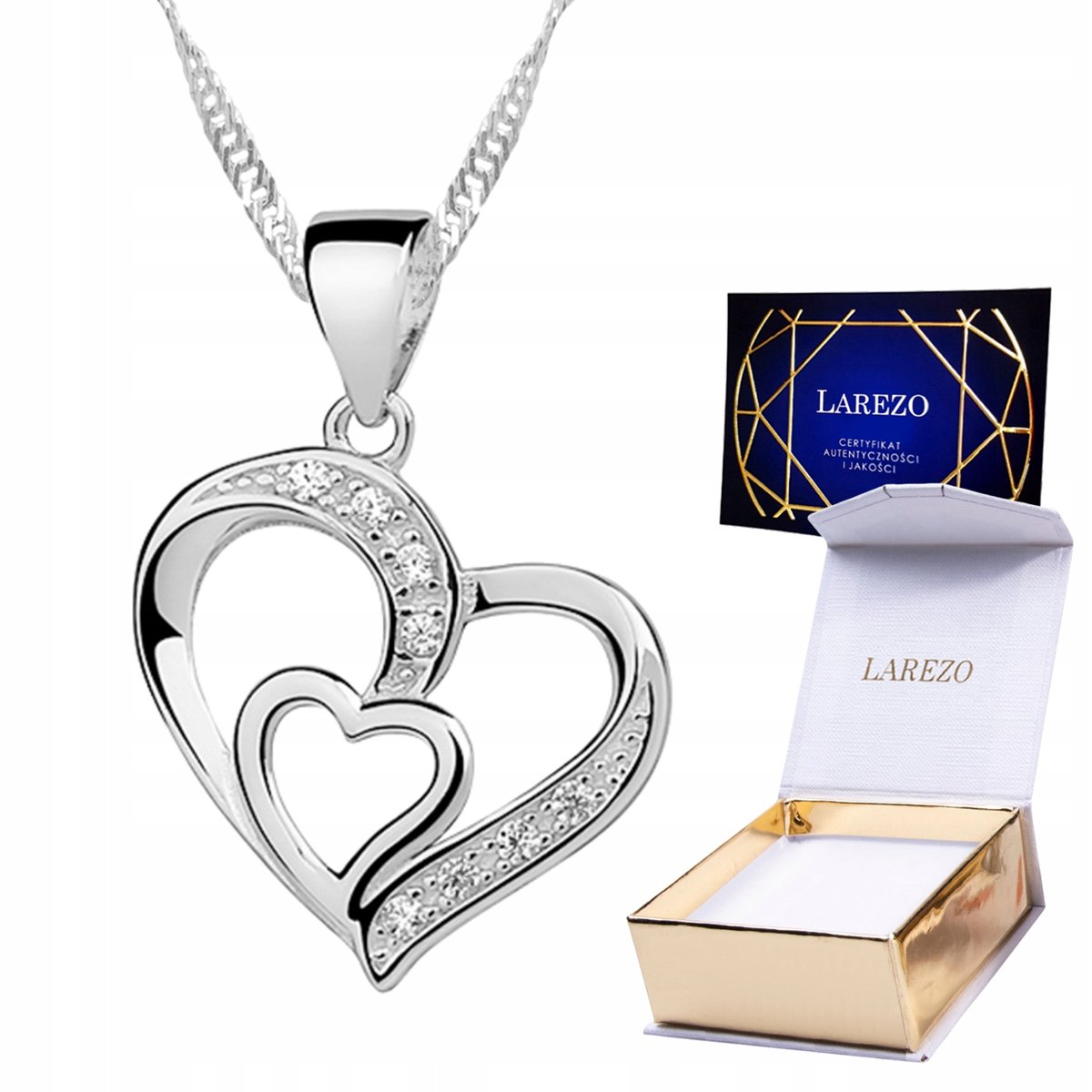 Naszyjnik Srebrny Podwójny z Sercami Dwa Serca Serce Cyrkonie SREBRO 925