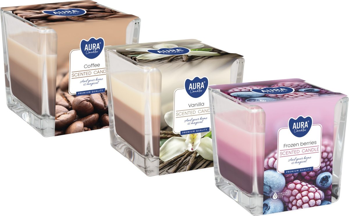 ZESTAW Świeca zapachowa w szkle trójkolorowa BISPOL Aura 32H MIX 