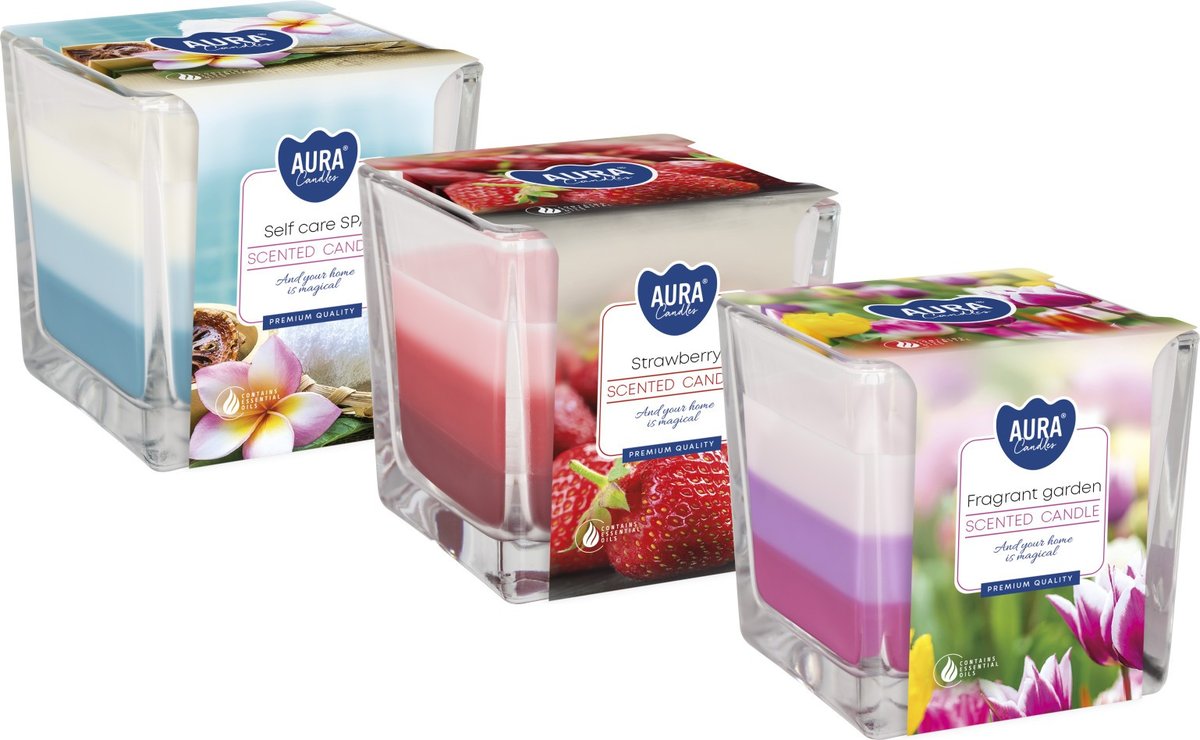 ZESTAW Świeca zapachowa w szkle trójkolorowa BISPOL Aura 32H MIX 