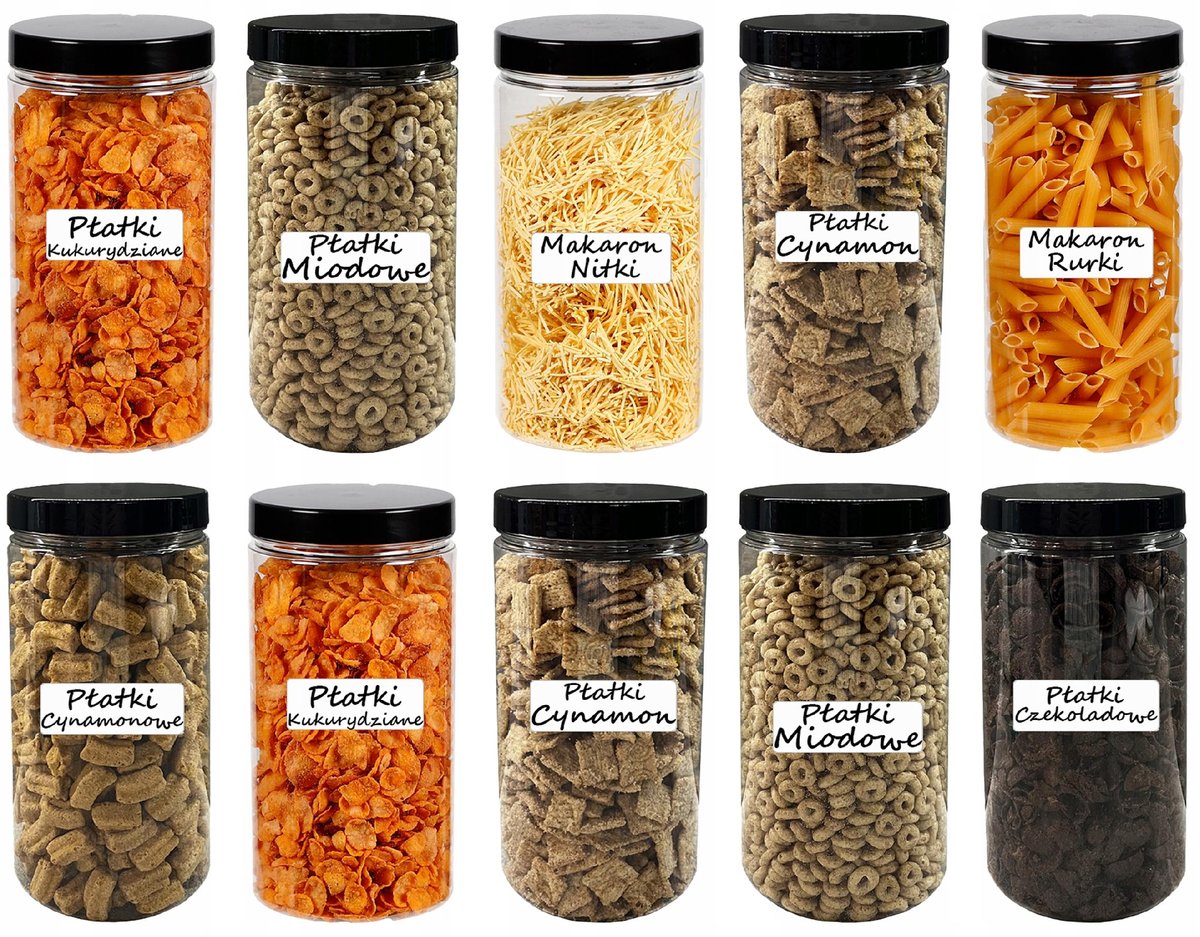 POJEMNIK PLASTIKOWY SŁOIK MAKARON 1,25L 10 SZTUK +ETYKIETY