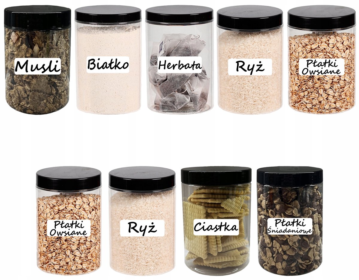 POJEMNIK PLASTIKOWY SŁOIK NA ŻYWNOŚĆ PRZYPRAWY 750ML 9 SZTUK + ETYKIETY