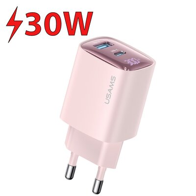 USAMS Ład. siec. CC229 30W GaN USB-C/USB-A Fast Charging XC Series różowy/pink CC229TC03