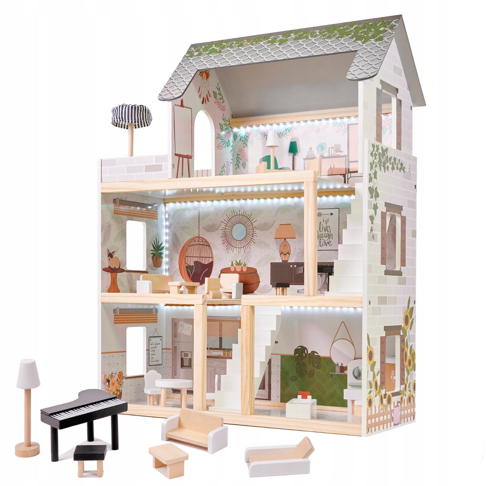 Domek dla lalek drewniany mebelki 78cm oświetlenie Led
