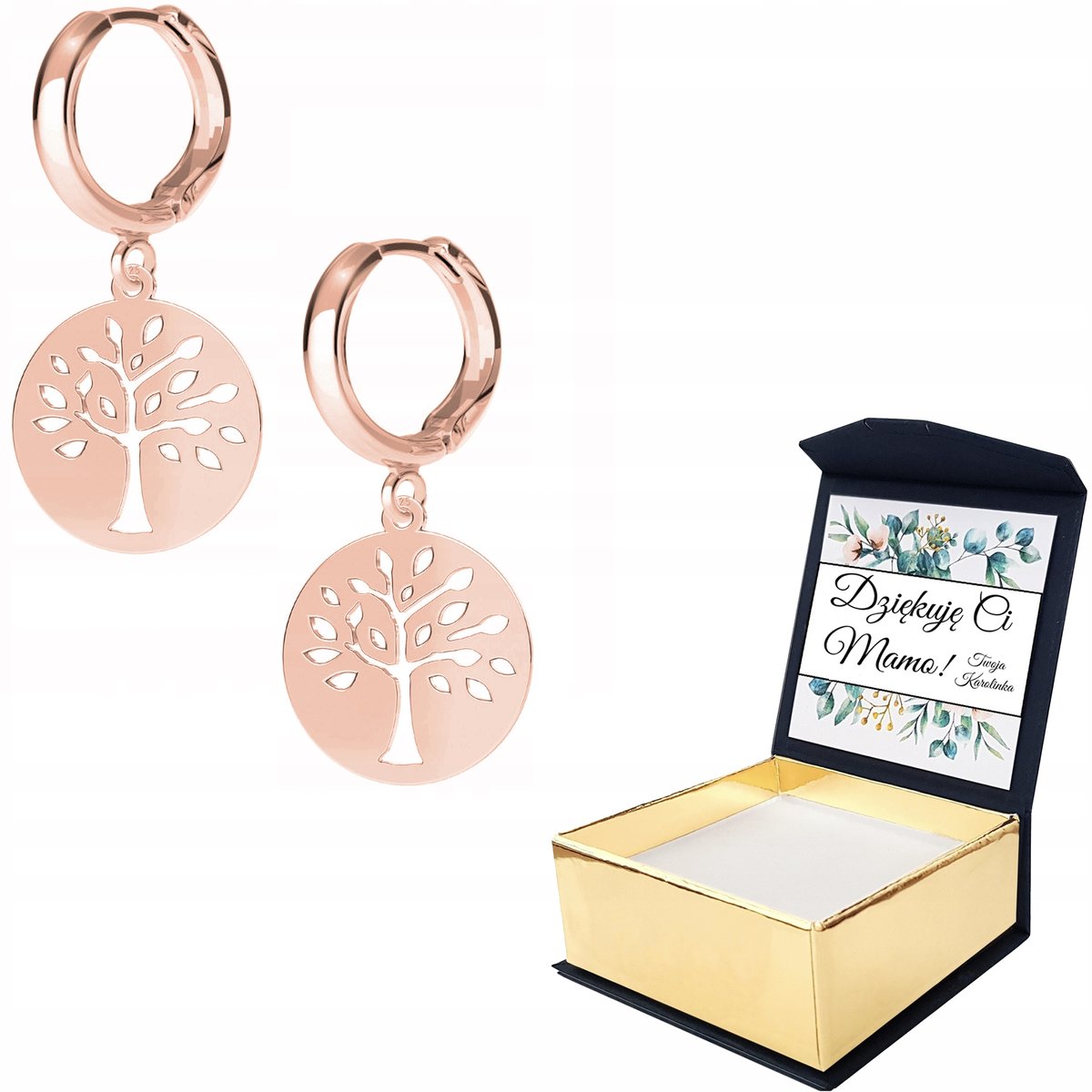 Kolczyki różowe złoto Drzewo Drzewko WŁASNY NADRUK
