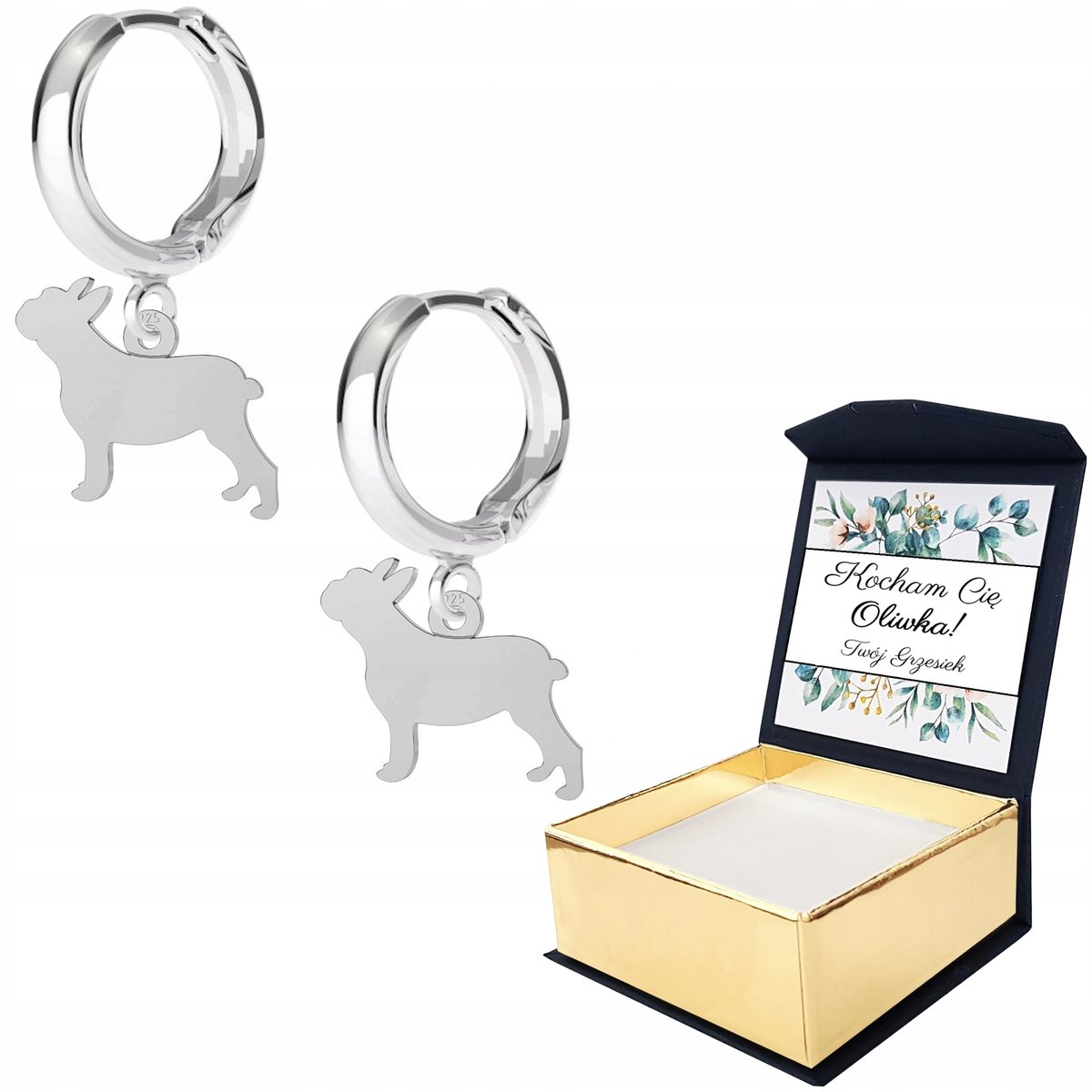 Kolczyki srebrne Buldog Pies 925 WŁASNY NADRUK