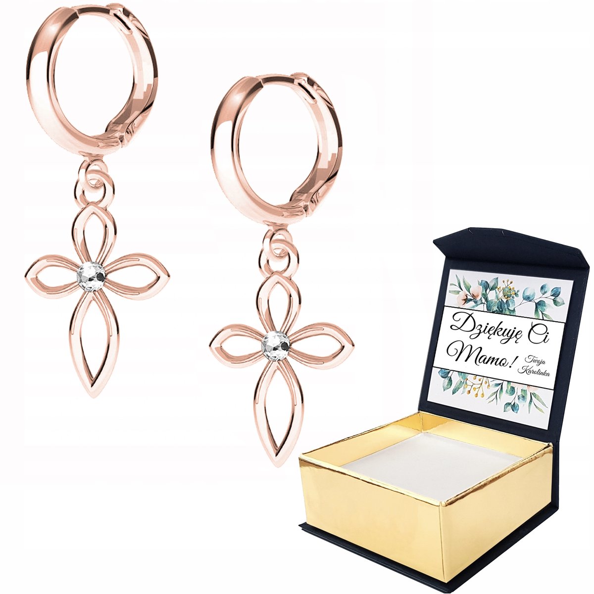 Kolczyki różowe złoto Krzyż Krzyżyk WŁASNY NADRUK