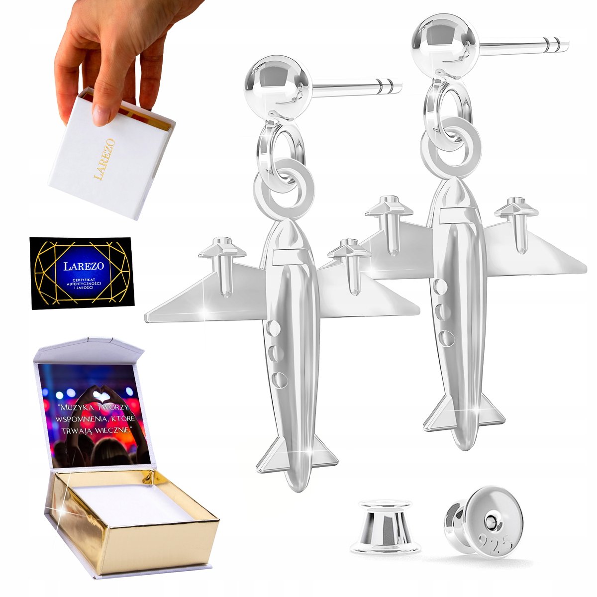 Kolczyki Srebrne 925 na Sztyfcie z Samolotem Samoloty Podróż Lot + NADRUK