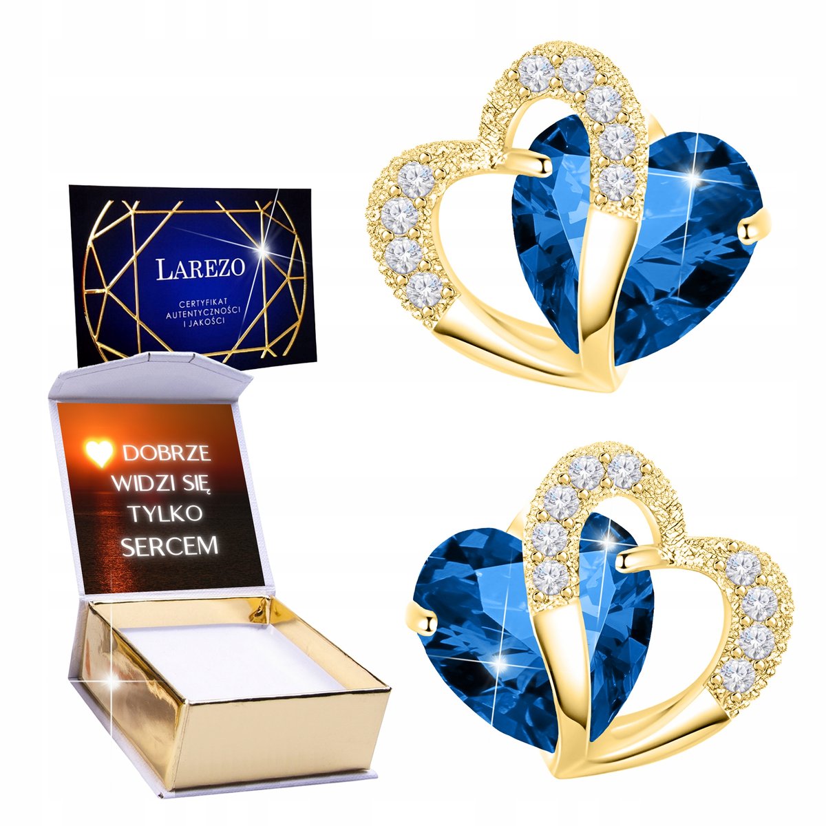 Złote Kolczyki 925 Niebieskie Kryształowe Serca Serduszka Cyrkonie + NADRUK