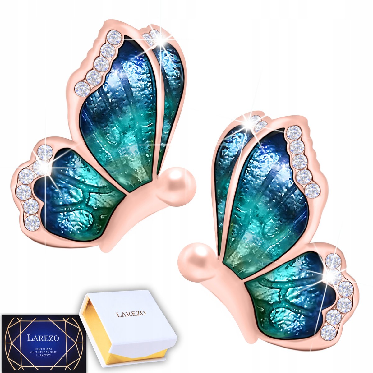 Kolczyki Niebieskie Skrzydła Motyla SREBRO 925 Różowe Pozłacane Motyle 18K