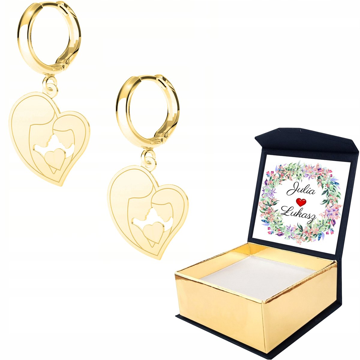 Kolczyki złote Serce Mama Córka WŁASNY NADRUK