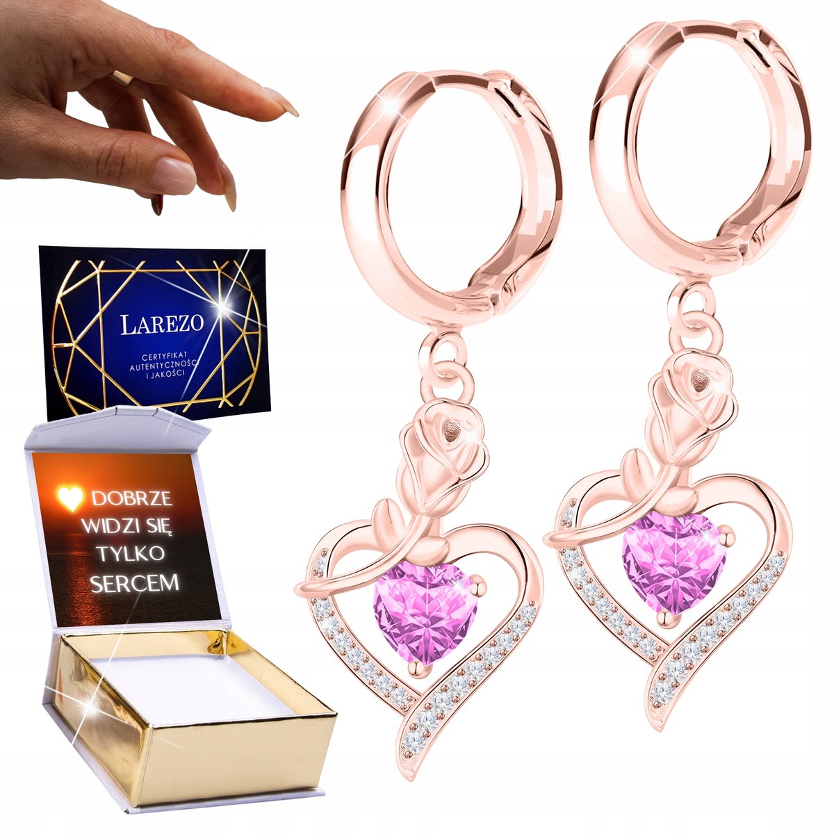 Kolczyki Pozłacane 18K Różowe Serca Róże Serduszka z Różą Tulipan + NADRUK