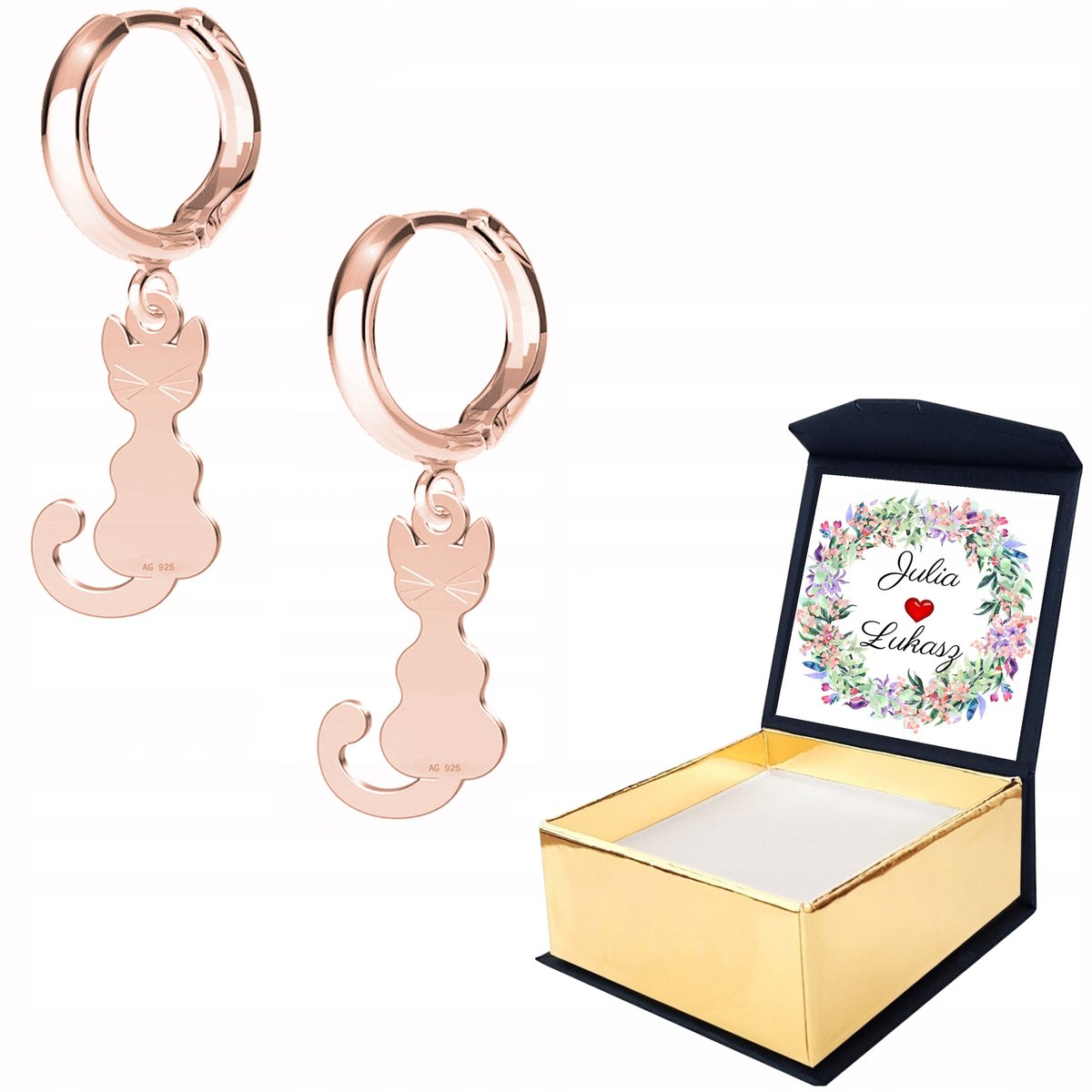 Kolczyki różowe złoto Kot Kotki + WŁASNY NADRUK